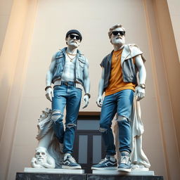 A full view of two Greek statues dressed in fashionable streetwear