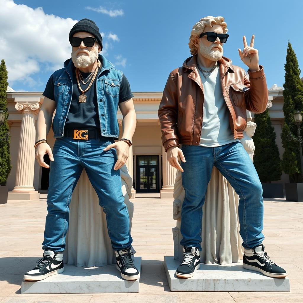 A full view of two Greek statues dressed in fashionable streetwear