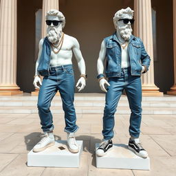 A full view of two Greek statues dressed in fashionable streetwear