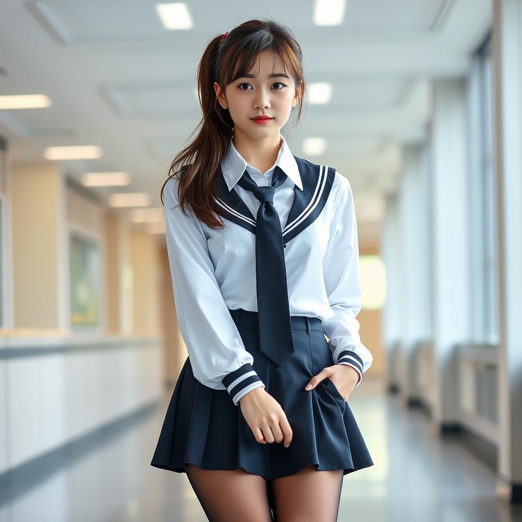 A young adult woman dressed as a stylish schoolgirl, featuring a sleek full-body stocking combined with a short, trendy 10 cm skirt