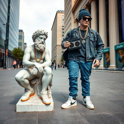 A full view of two Greek statues in an urban setting