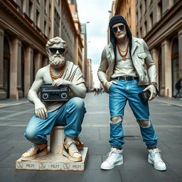 A full view of two Greek statues in an urban setting