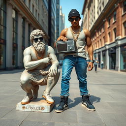 A full view of two Greek statues in an urban setting