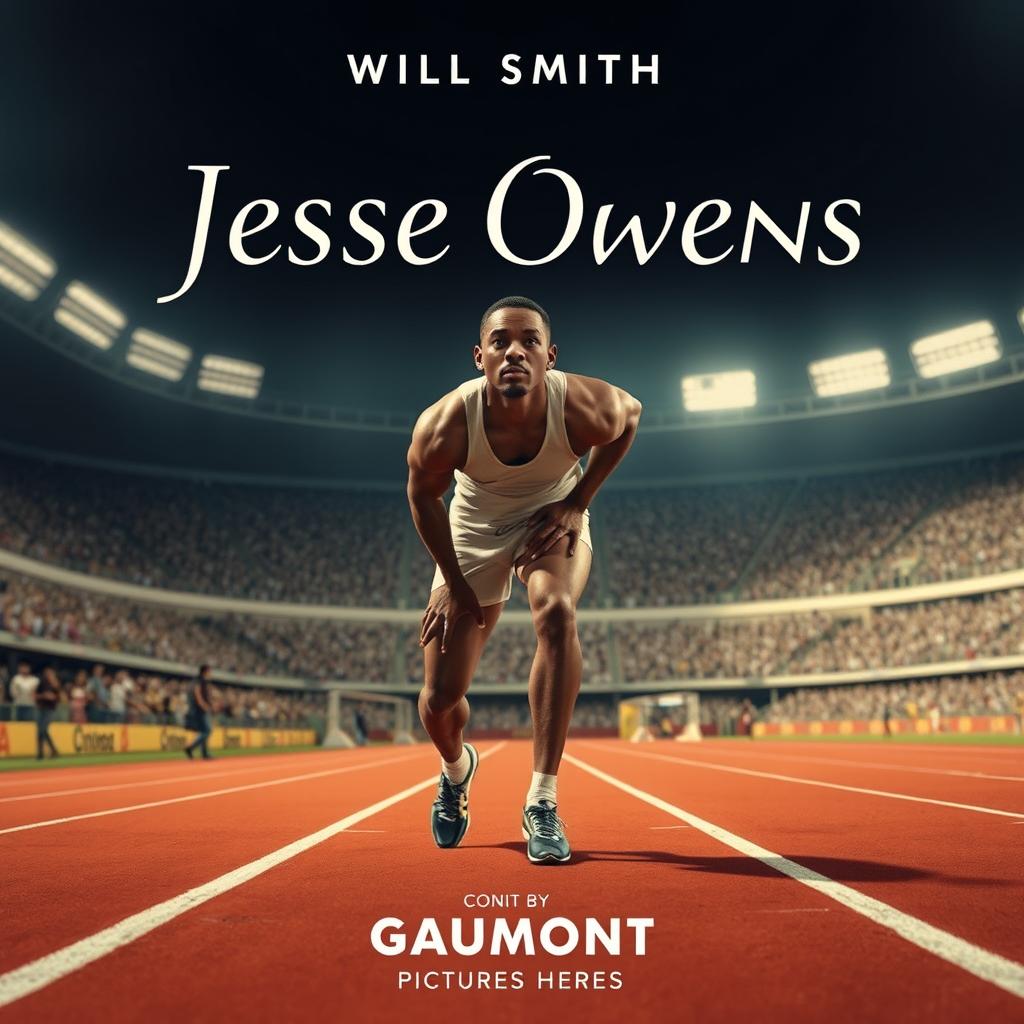 A cinematic poster for a fictional biopic film about Jesse Owens starring Will Smith as Jesse Owens