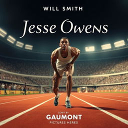 A cinematic poster for a fictional biopic film about Jesse Owens starring Will Smith as Jesse Owens