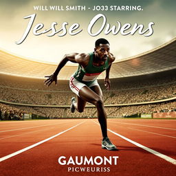 A cinematic poster for a fictional biopic film about Jesse Owens starring Will Smith as Jesse Owens