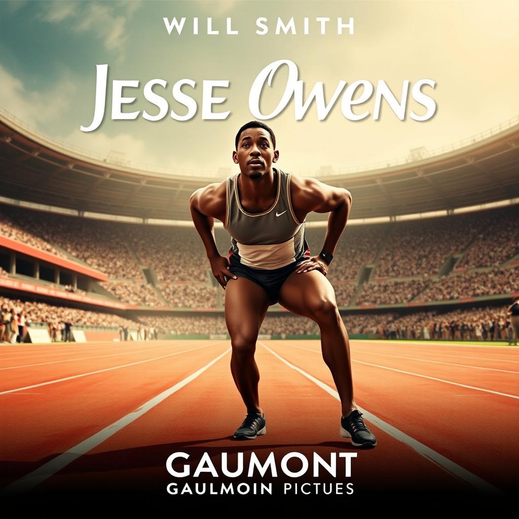 A cinematic poster for a fictional biopic film about Jesse Owens starring Will Smith as Jesse Owens