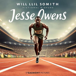 A cinematic poster for a fictional biopic film about Jesse Owens starring Will Smith as Jesse Owens