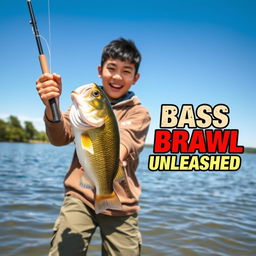 A dynamic fishing scene featuring a young Asian fisherman with narrow eyes and an excited expression, holding a fishing rod with a large bass jumping