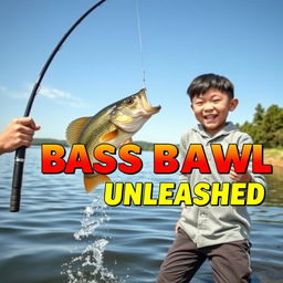 A dynamic fishing scene featuring a young Asian fisherman with narrow eyes and an excited expression, holding a fishing rod with a large bass jumping