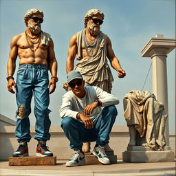 A full view of two Greek statues alongside a third statue that is squatting