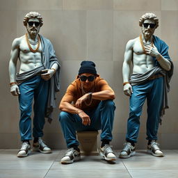 A full view of two Greek statues alongside a third statue that is squatting