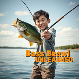 A dynamic fishing scene featuring a young Asian fisherman with narrow eyes and an excited expression, holding a fishing rod with a large bass jumping