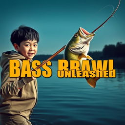 A dynamic fishing scene featuring a young Asian fisherman with narrow eyes and an excited expression, holding a fishing rod with a large bass jumping