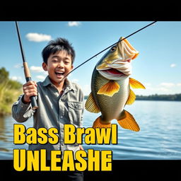 A dynamic fishing scene featuring a young Asian fisherman with narrow eyes and an excited expression, holding a fishing rod with a large bass jumping