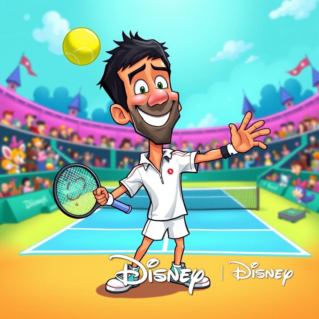 A whimsical and colorful cartoon-style illustration of Novak Djokovic, depicted as a playful animated character