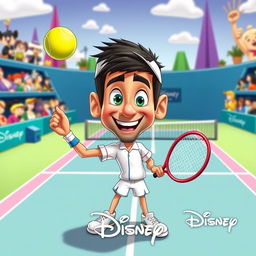 A whimsical and colorful cartoon-style illustration of Novak Djokovic, depicted as a playful animated character