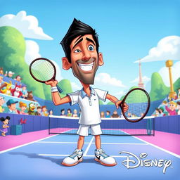 A whimsical and colorful cartoon-style illustration of Novak Djokovic, depicted as a playful animated character