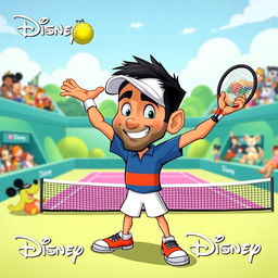 A whimsical and colorful cartoon-style illustration of Novak Djokovic, depicted as a playful animated character