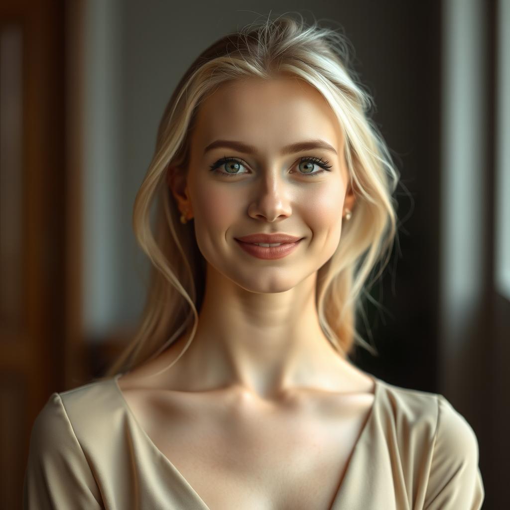 A beautiful 25-year-old woman with Slavic features, blonde hair, wearing elegant clothing, without any exposed erotic parts