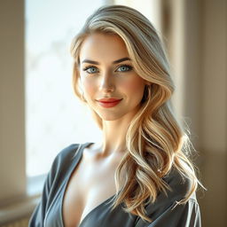 A beautiful 25-year-old woman with Slavic features, blonde hair, wearing elegant clothing, without any exposed erotic parts