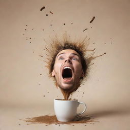 Draw a humorous scene of a person spilling their coffee, portraying surprise and mild frustration on their face, while coffee splashes out of the cup midair.