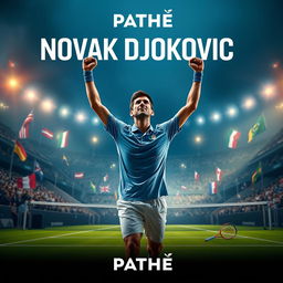 A dramatic and inspiring movie poster for a fictional biopic film about Novak Djokovic produced by Pathé