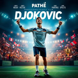 A dramatic and inspiring movie poster for a fictional biopic film about Novak Djokovic produced by Pathé