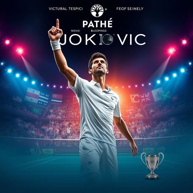 A dramatic and inspiring movie poster for a fictional biopic film about Novak Djokovic produced by Pathé