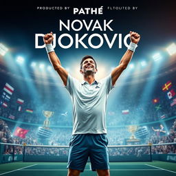 A dramatic and inspiring movie poster for a fictional biopic film about Novak Djokovic produced by Pathé