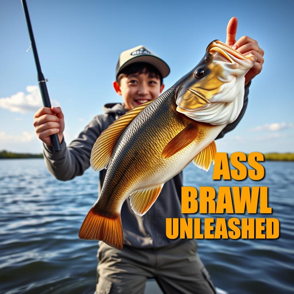 A dynamic fishing scene featuring a young Asian fisherman with narrow eyes and an excited expression, holding a fishing rod with a large bass jumping