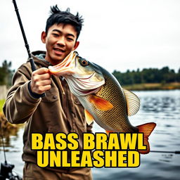 A dynamic fishing scene featuring a young Asian fisherman with narrow eyes and an excited expression, holding a fishing rod with a large bass jumping