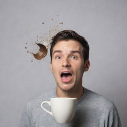 Draw a humorous scene of a person spilling their coffee, portraying surprise and mild frustration on their face, while coffee splashes out of the cup midair.