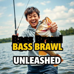 A dynamic fishing scene featuring a young Asian fisherman with narrow eyes and an excited expression, holding a fishing rod with a large bass jumping