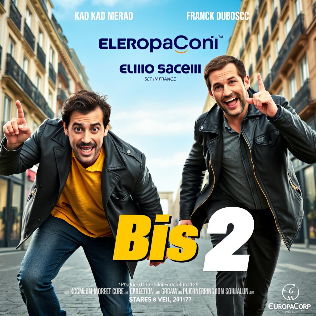 A dynamic and comedic movie poster for the film "Bis 2" produced by EuropaCorp, featuring French actors Kad Merad and Franck Dubosc