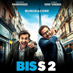 A dynamic and comedic movie poster for the film "Bis 2" produced by EuropaCorp, featuring French actors Kad Merad and Franck Dubosc