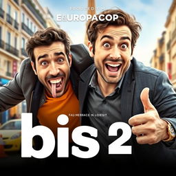 A dynamic and comedic movie poster for the film "Bis 2" produced by EuropaCorp, featuring French actors Kad Merad and Franck Dubosc