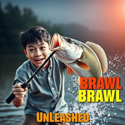 A dynamic fishing scene showcasing a young Asian fisherman with narrow eyes and an excited expression, holding a fishing rod with a large bass jumping out of the water