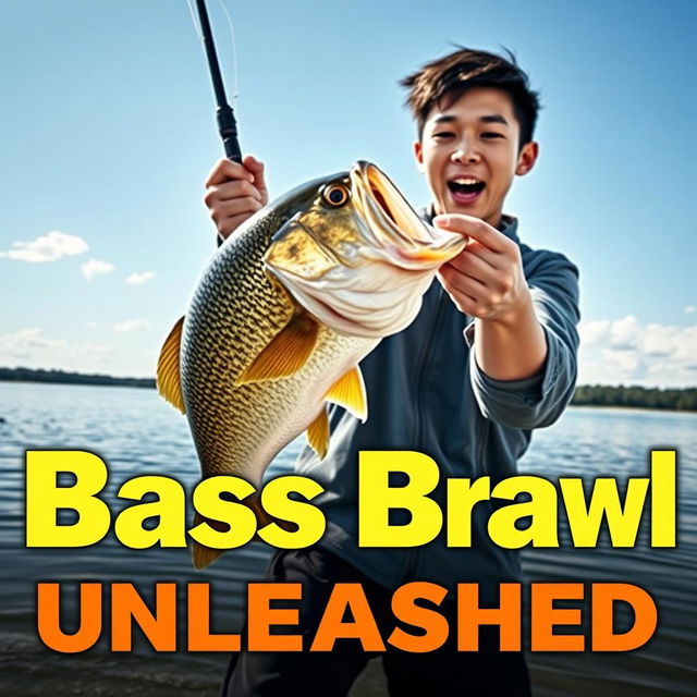 A dynamic fishing scene showcasing a young Asian fisherman with narrow eyes and an excited expression, holding a fishing rod with a large bass jumping out of the water