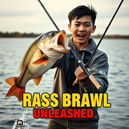 A dynamic fishing scene showcasing a young Asian fisherman with narrow eyes and an excited expression, holding a fishing rod with a large bass jumping out of the water