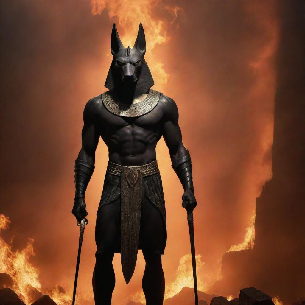 Imagine an imposing figure of Anubis, the Egyptian god, standing proudly in a fiery hellish environment, surrounded by hostile silhouettes.