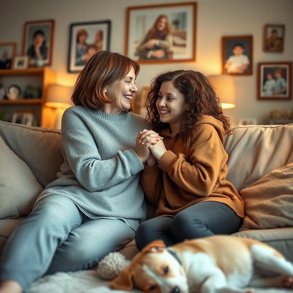 A warm and heartfelt scene depicting a mother and her teenage daughter sharing a tender moment in a cozy living room