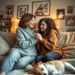 A warm and heartfelt scene depicting a mother and her teenage daughter sharing a tender moment in a cozy living room