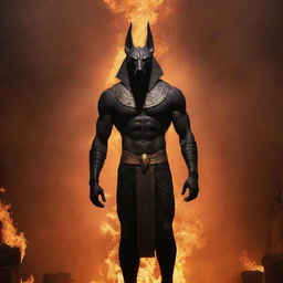 Imagine an imposing figure of Anubis, the Egyptian god, standing proudly in a fiery hellish environment, surrounded by hostile silhouettes.