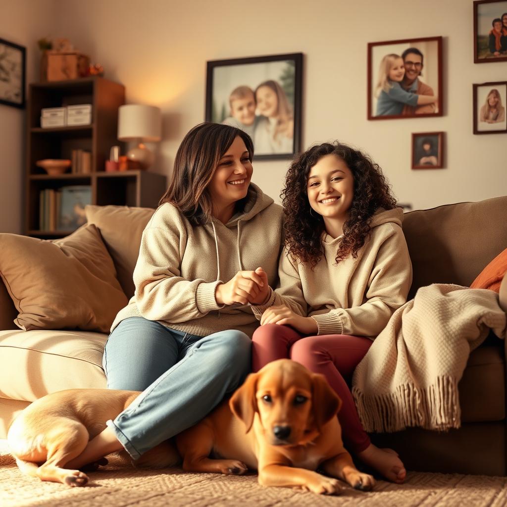 A warm and heartfelt scene depicting a mother and her teenage daughter sharing a tender moment in a cozy living room