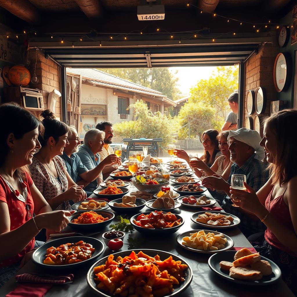 A vibrant and lively scene depicting a traditional Spanish lunch (almuerzo) gathering, inspired by the Cadista culture in Alcalá del Valle