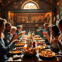 A vibrant and lively scene depicting a traditional Spanish lunch (almuerzo) gathering, inspired by the Cadista culture in Alcalá del Valle