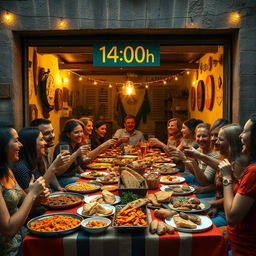 A vibrant and lively scene depicting a traditional Spanish lunch (almuerzo) gathering, inspired by the Cadista culture in Alcalá del Valle