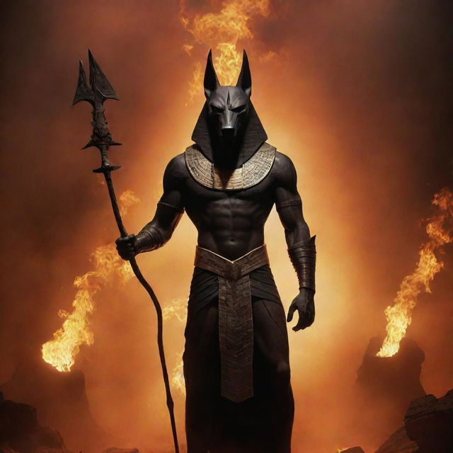 Imagine an imposing figure of Anubis, the Egyptian god, standing proudly in a fiery hellish environment, surrounded by hostile silhouettes.