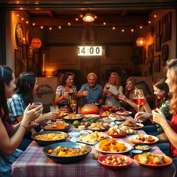 A vibrant and lively scene depicting a traditional Spanish lunch (almuerzo) gathering, inspired by the Cadista culture in Alcalá del Valle